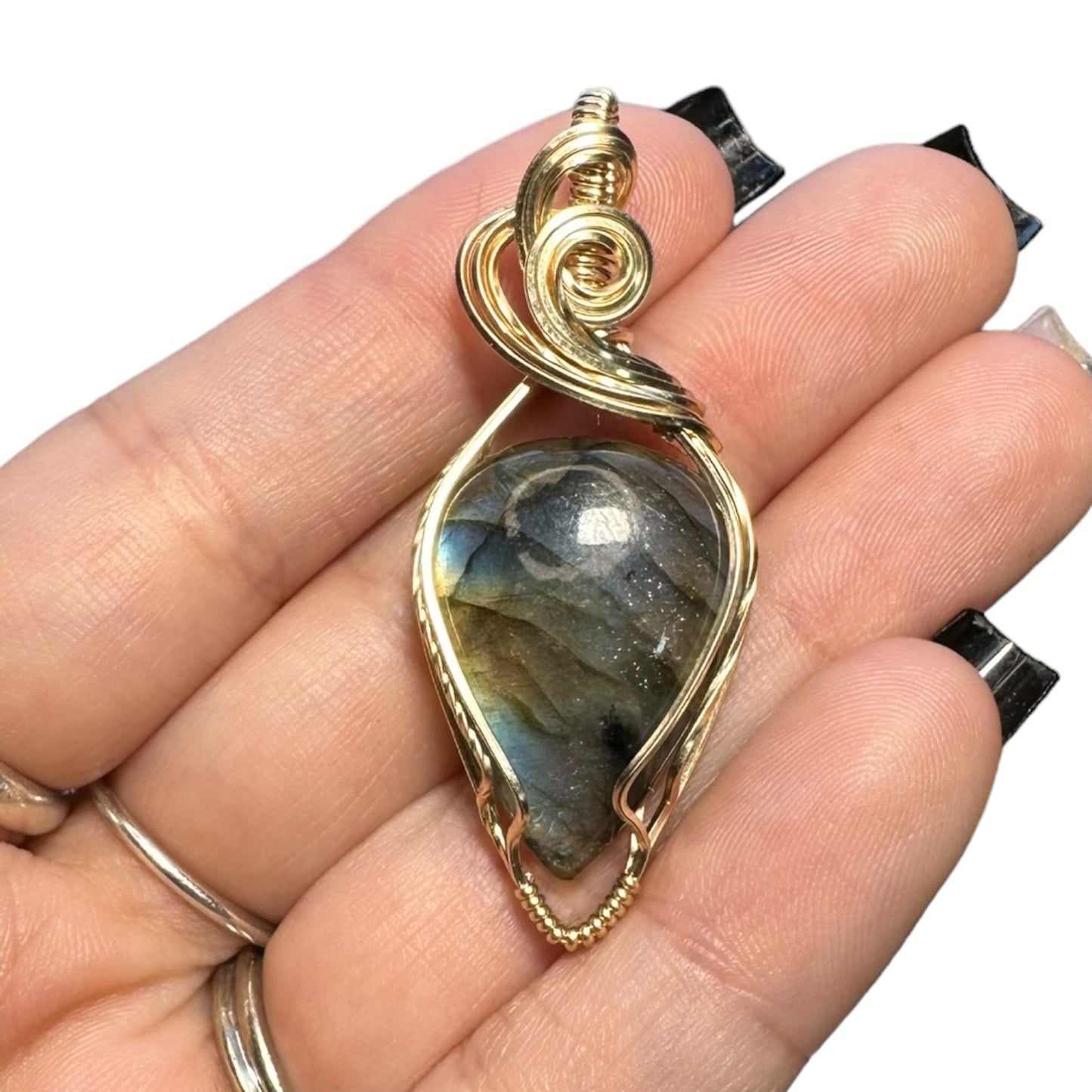 14KT Gold Filled Wire Wrapped Labradorite Teardrop Crystal Bezel Pendant