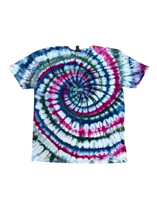 Adult Large Navy Blue Teal and Fuchsia Spiral Ice Dye Tie Dye Shirt