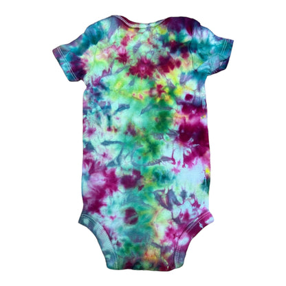 Infant 6-9 Months Fuchsia Green Yellow and Teal Scrunch Ice Dye Tie Dye Onesie