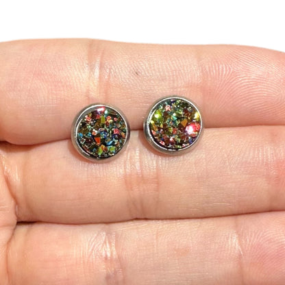 8MM Hypoallergenic Gold Multi-Color Faux Druzy Earring Studs