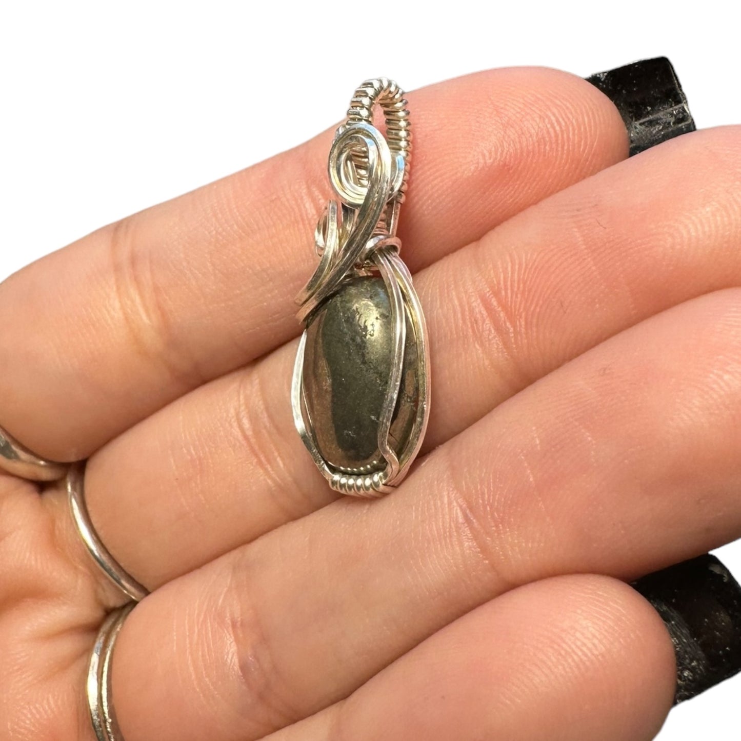 Sterling Silver Wire Wrapped Pyrite Crystal Bezel Pendant