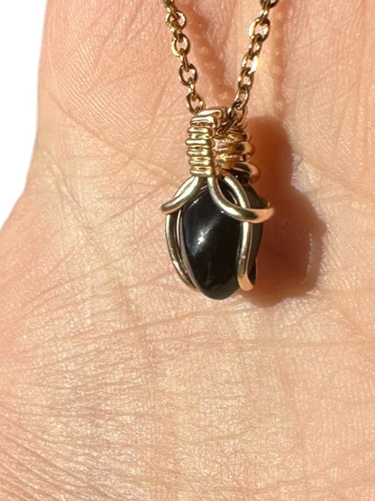 Sterling Silver | 14KT Gold Filled Mini Teardrop Obsidian Wishbone Wire Wrapped Pendant