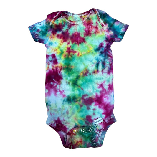 Infant 6-9 Months Fuchsia Green Yellow and Teal Scrunch Ice Dye Tie Dye Onesie