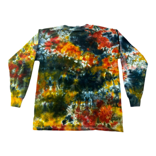 Youth Large Red Golden Yellow and Black Scrunch Ice Dye Tie Dye Long Sleeve Shirt