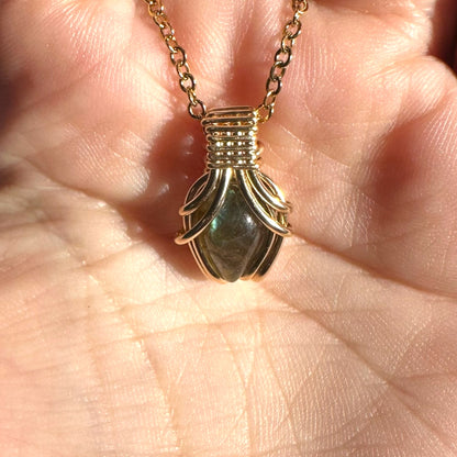 Sterling Silver | 14KT Gold Filled Mini Teardrop Labradorite Wire Wrapped Wishbone 2.0 Pendant