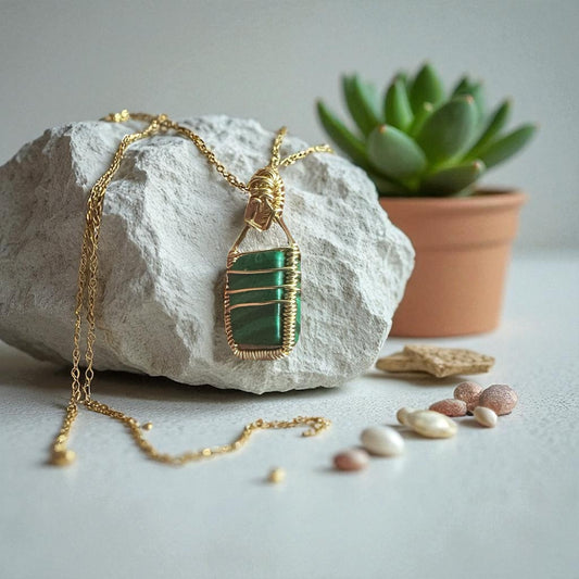 14KT Gold Filled Wire Wrapped Malachite Crystal Pendant