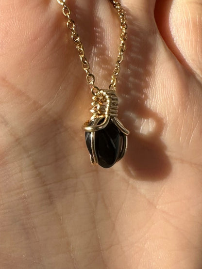 Sterling Silver | 14KT Gold Filled Mini Teardrop Obsidian Wishbone Wire Wrapped Pendant