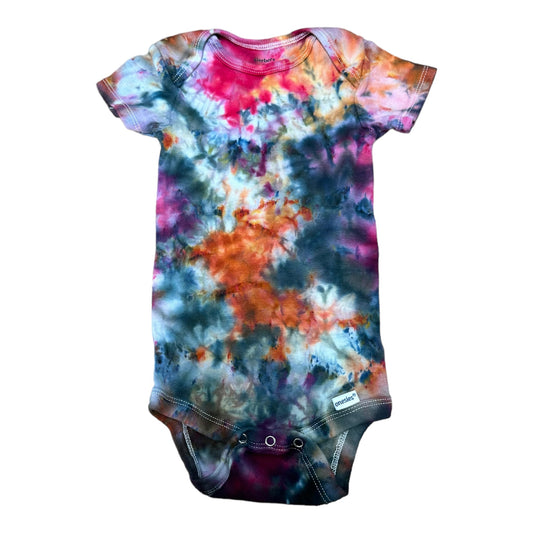 Infant 12 Months Pink Orange Blue and Black Scrunch Ice Dye Tie Dye Onesie