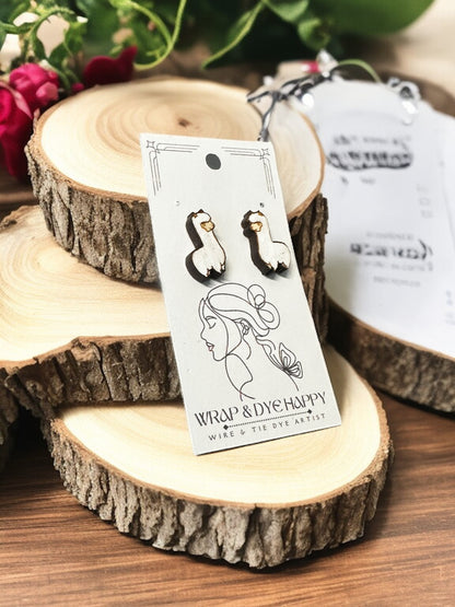 Painted Hypoallergenic Laser Engraved Llama Wood Stud Earrings