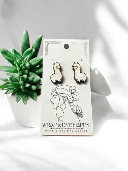 Painted Hypoallergenic Laser Engraved Llama Wood Stud Earrings