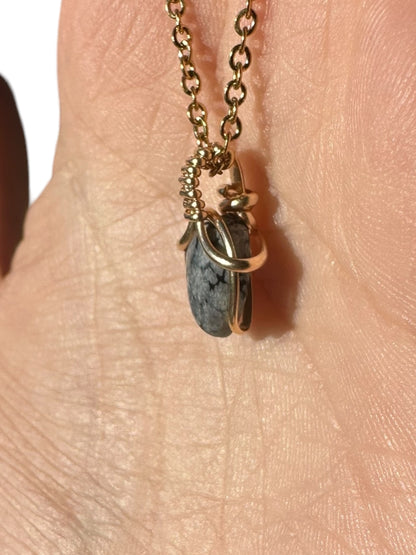 Sterling Silver | 14KT Gold Filled Mini Teardrop Snowflake Obsidian Wishbone Wire Wrapped Pendant