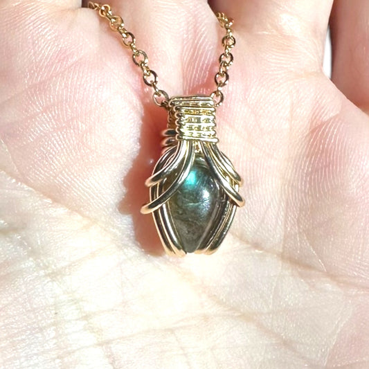 Sterling Silver | 14KT Gold Filled Mini Teardrop Labradorite Wire Wrapped Wishbone 2.0 Pendant