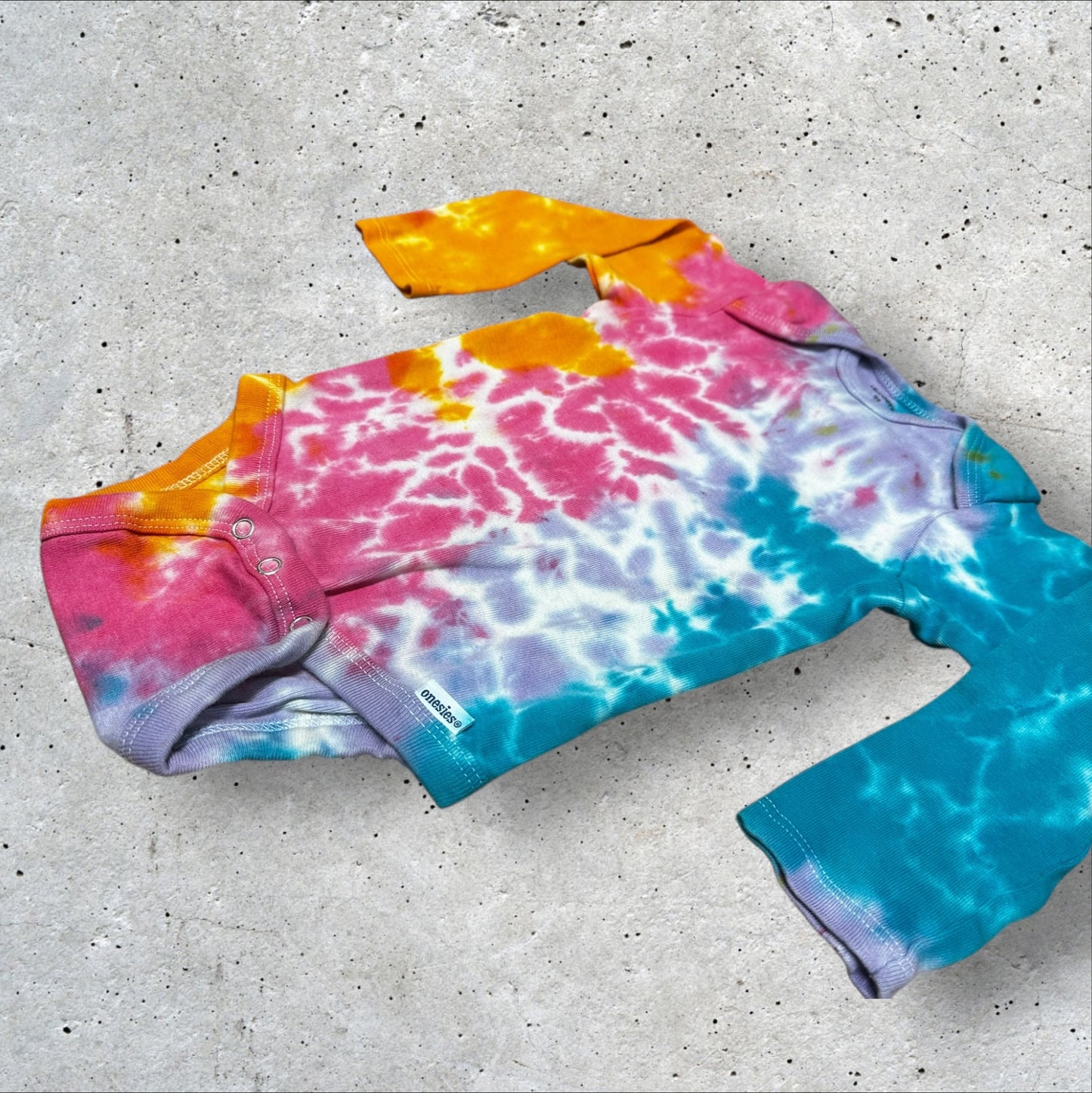 Infant 18 Months Pink Orange and Golden Yellow Scrunch Tie Dye Long Sleeve Onesie