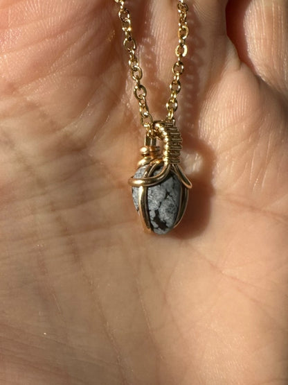 Sterling Silver | 14KT Gold Filled Mini Teardrop Snowflake Obsidian Wishbone Wire Wrapped Pendant