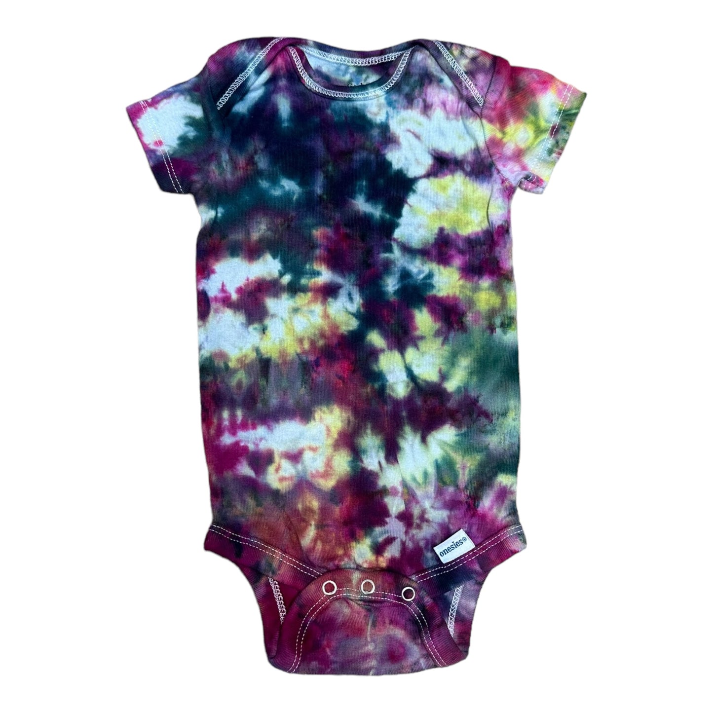 Infant 6-9 Months Fuchsia Black Yellow and Purple Scrunch Ice Dye Tie Dye Onesie