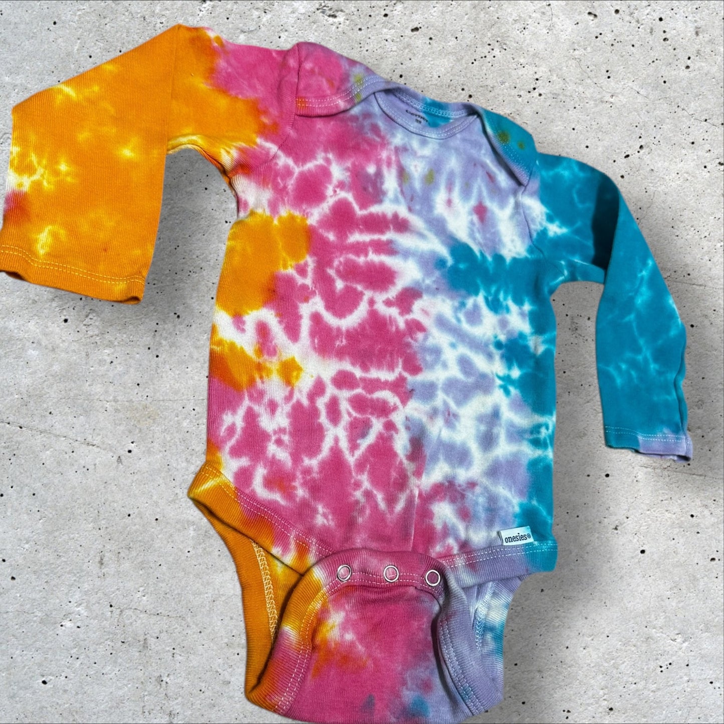 Infant 18 Months Pink Orange and Golden Yellow Scrunch Tie Dye Long Sleeve Onesie