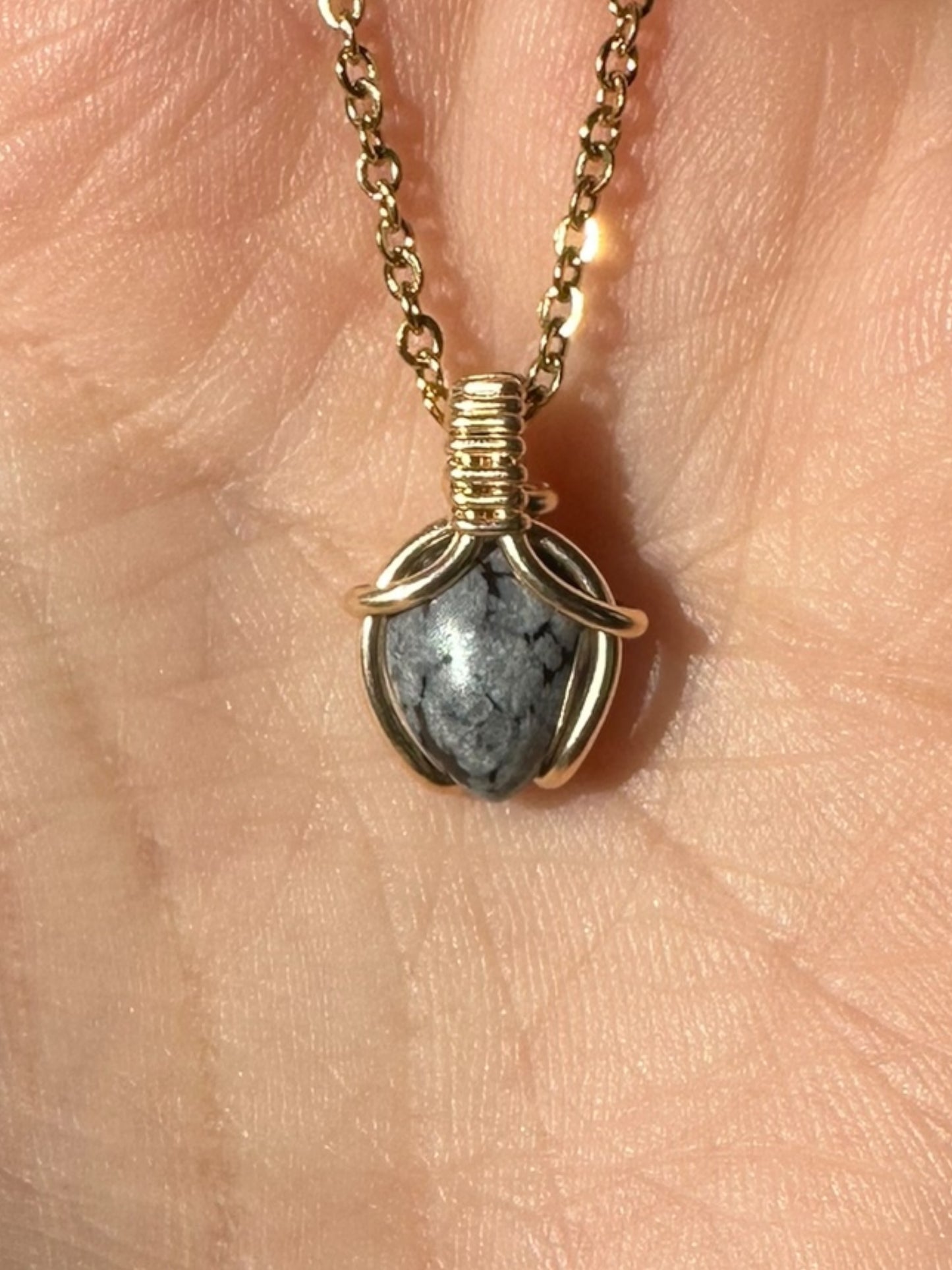 Sterling Silver | 14KT Gold Filled Mini Teardrop Snowflake Obsidian Wishbone Wire Wrapped Pendant