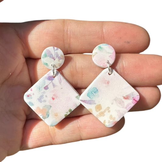 Hypoallergenic Wildflower Floral Square Clay Dangle Earrings