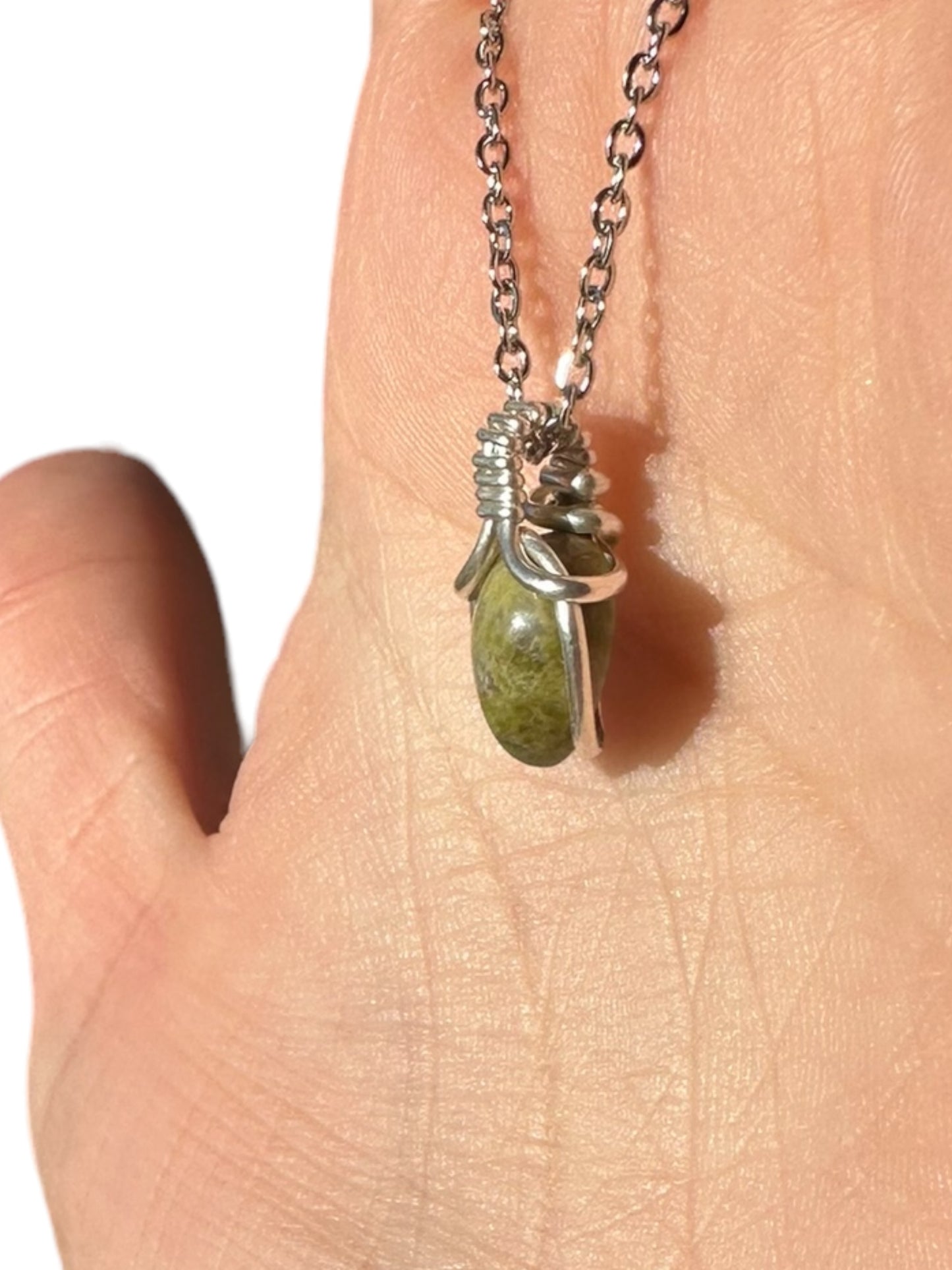 Sterling Silver | 14KT Gold Filled Mini Teardrop Unakite Wishbone Wire Wrapped Pendant