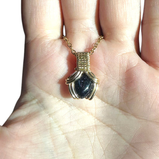 Sterling Silver | 14KT Gold Filled Mini Teardrop Blue Goldstone Wire Wrapped Wishbone 2.0 Pendant