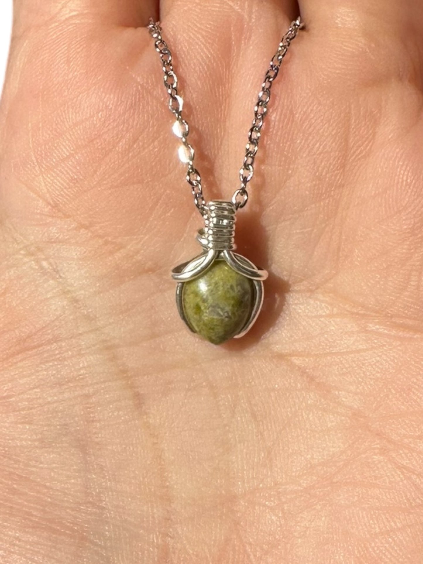 Sterling Silver | 14KT Gold Filled Mini Teardrop Unakite Wishbone Wire Wrapped Pendant