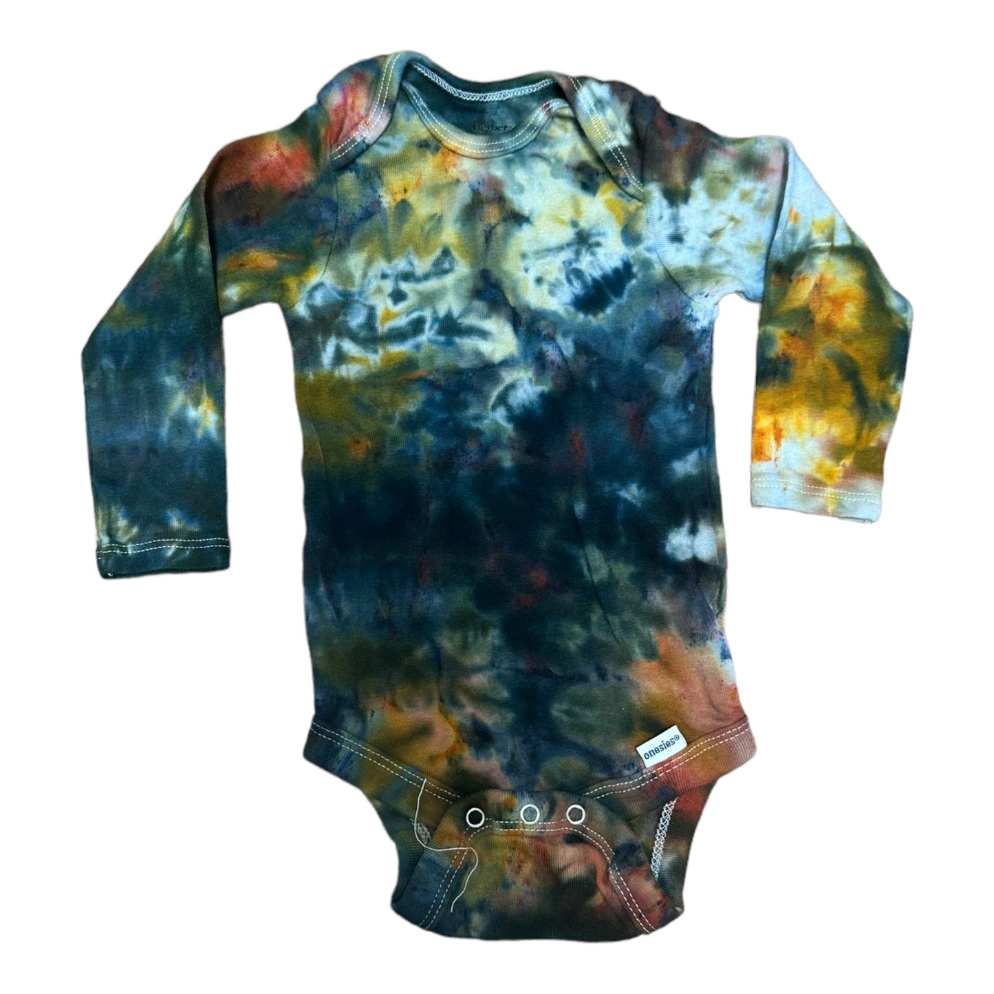 Infant 12 Month Black Orange Scrunch and Yellow Scrunch Ice Dye Tie Dye Long Sleeve Onesie