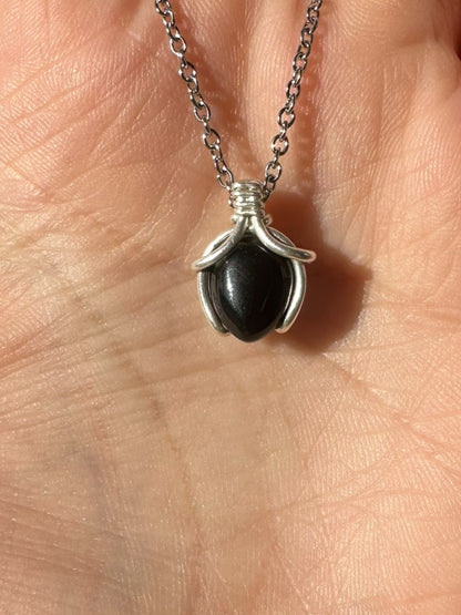 Sterling Silver | 14KT Gold Filled Mini Teardrop Obsidian Wishbone Wire Wrapped Pendant