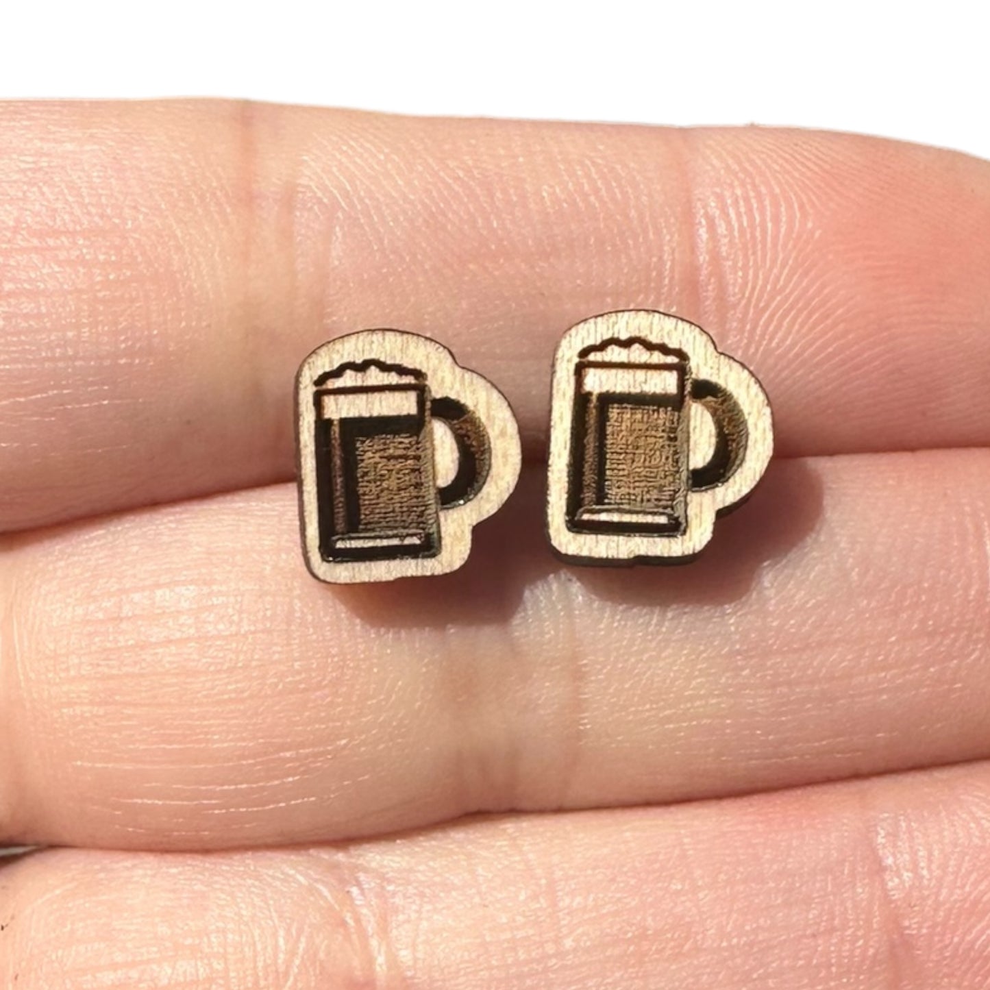 Natural Hypoallergenic Laser Engraved Beer Mug Wood Stud Earrings