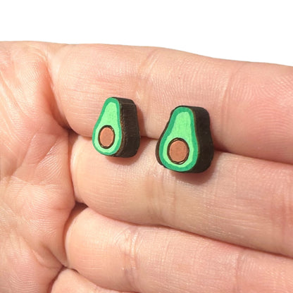 Hypoallergenic Hand Painted Avocado Laser Engraved Wood Stud Earrings