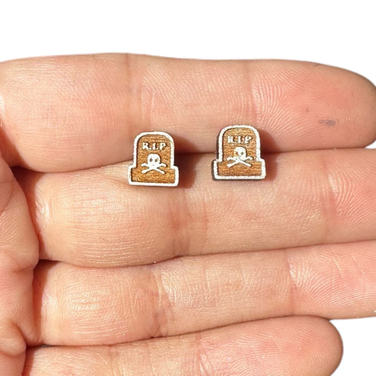 Hypoallergenic Halloween R.I.P Tombstone Laser Engraved Wood Earrings