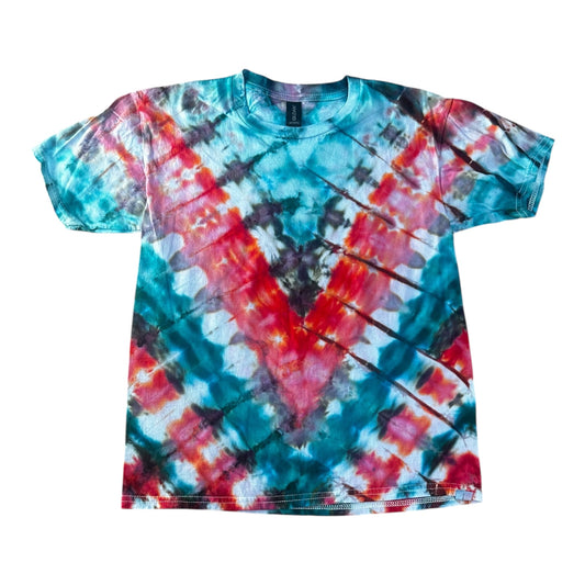 Youth Large Red Gray and Teal V Pleated Ice Dye Tie Dye T-Shirt