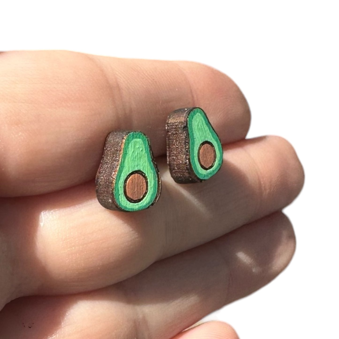 Hypoallergenic Hand Painted Avocado Laser Engraved Wood Stud Earrings
