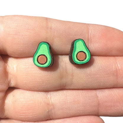 Hypoallergenic Hand Painted Avocado Laser Engraved Wood Stud Earrings