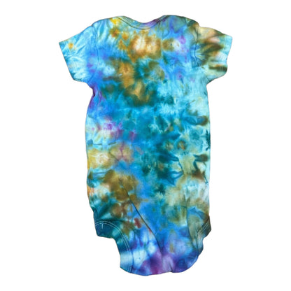 Infant 6-9 Months Green Golden Yellow Purple and Blue Scrunch Ice Dye Tie Dye Onesie