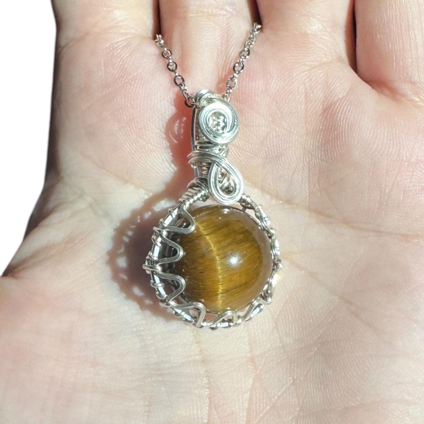 Sterling Silver |14KT Gold Filled Wire Wrapped Tiger's Eye Crystal Fidget Bezel Pendant