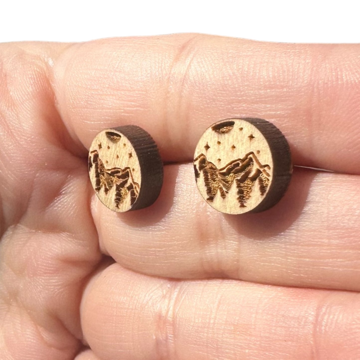 Natural Hypoallergenic Laser Engraved Mountain Wood Stud Earrings