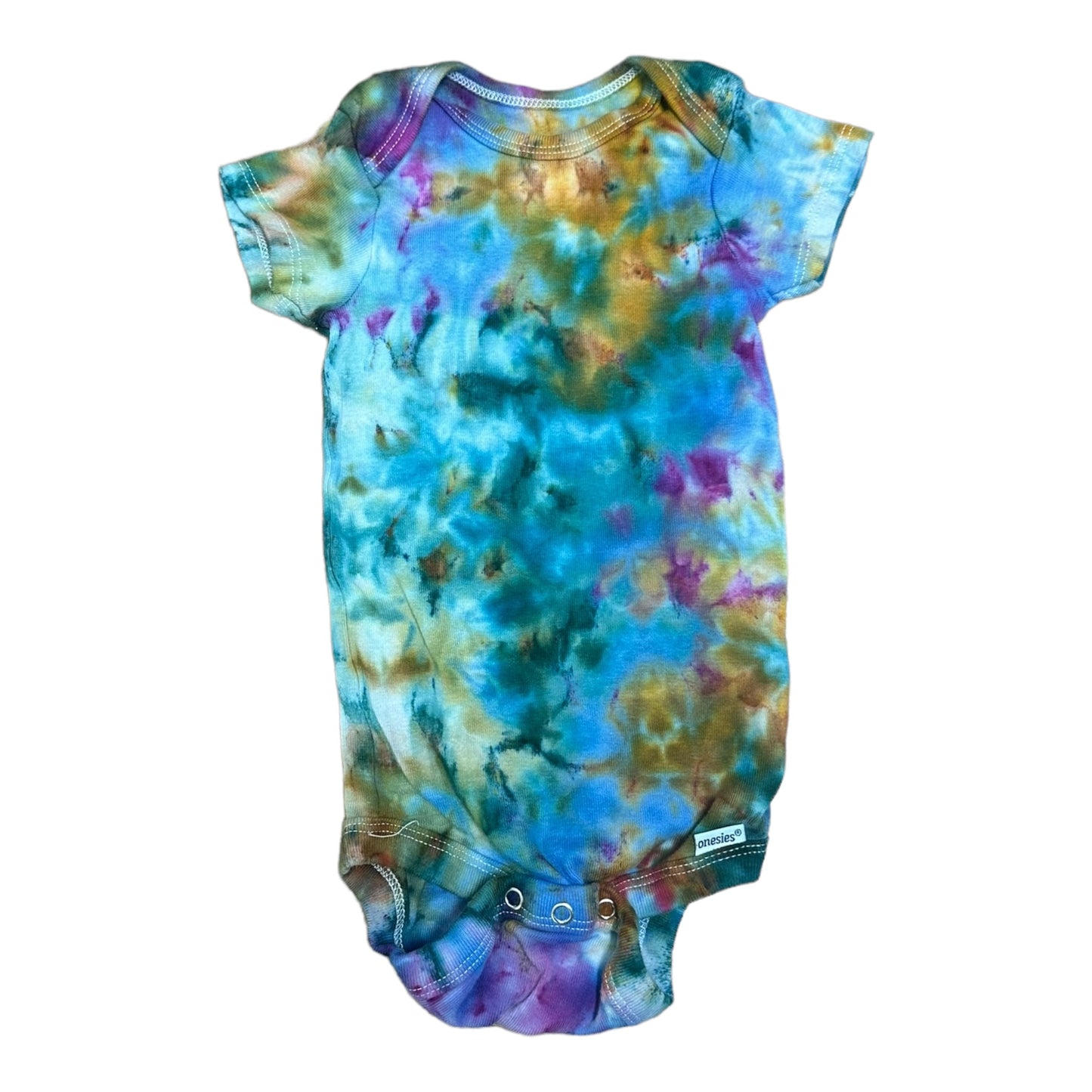 Infant 6-9 Months Green Golden Yellow Purple and Blue Scrunch Ice Dye Tie Dye Onesie