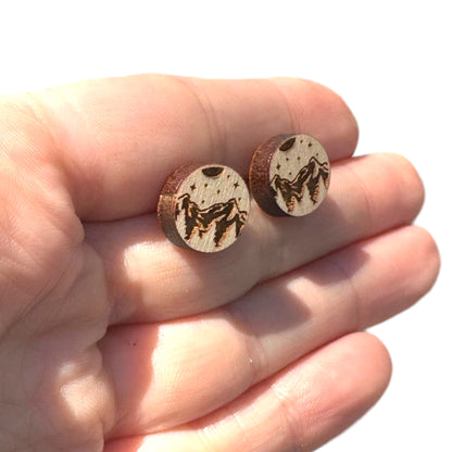 Natural Hypoallergenic Laser Engraved Mountain Wood Stud Earrings