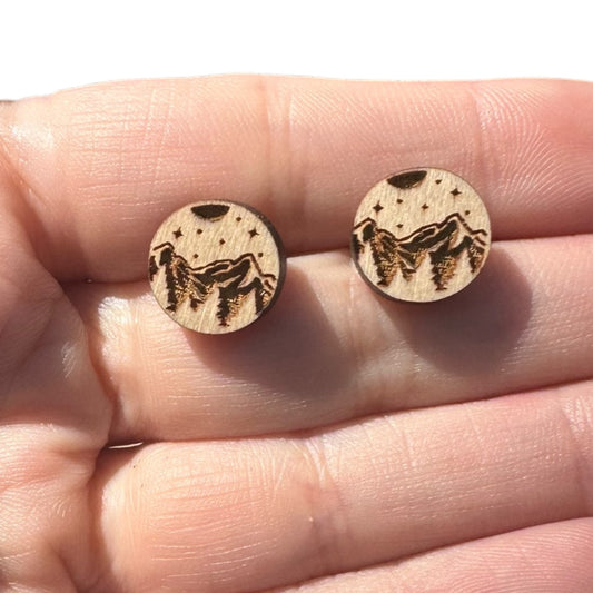 Natural Hypoallergenic Laser Engraved Mountain Wood Stud Earrings