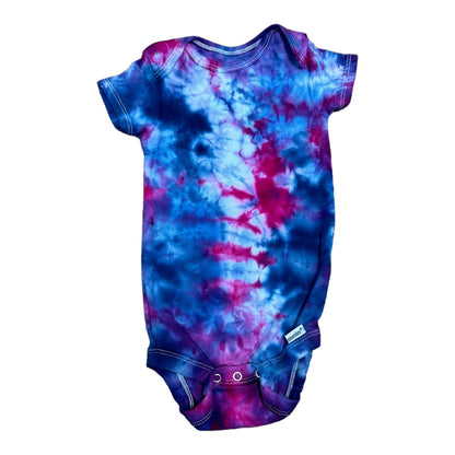 Infant 6-9 Months Blue Pink and Purple Scrunch Ice Dye Tie Dye Onesie