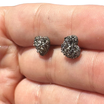 8MM Hypoallergenic Dark Silver Heart Druzy Earring Studs