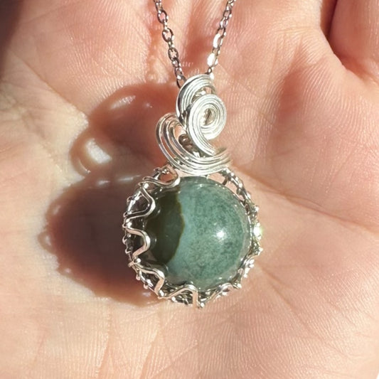 Sterling Silver Wire Wrapped Ocean Jasper Crystal Fidget Bezel Pendant