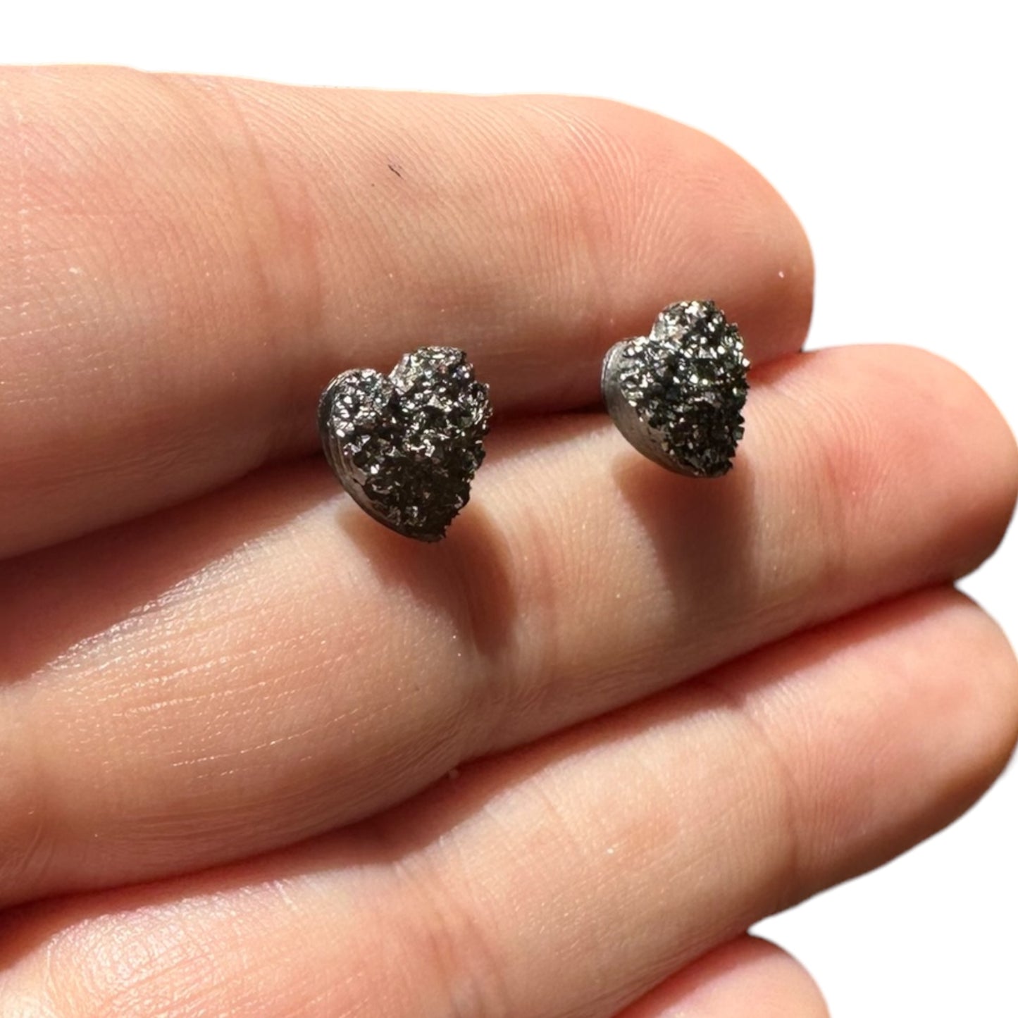 8MM Hypoallergenic Dark Silver Heart Druzy Earring Studs