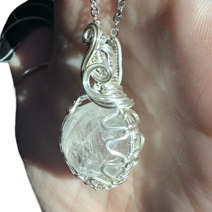 Sterling Silver Wire Wrapped Clear Quartz Crystal Fidget Bezel Pendant