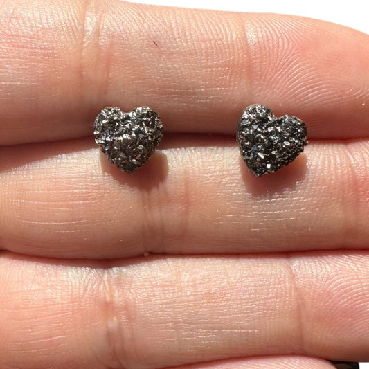 8MM Hypoallergenic Dark Silver Heart Druzy Earring Studs