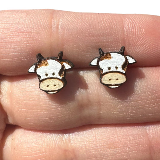 Hypoallergenic Hand Painted Cow Laser Engraved Wood Stud Earrings