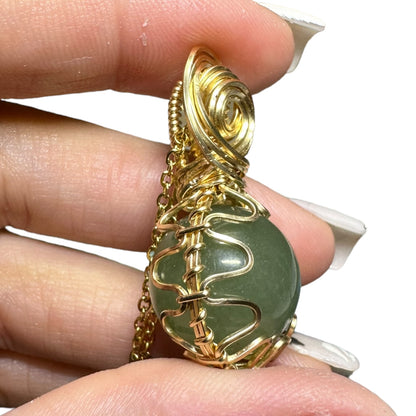 Sterling Silver | 14KT Gold Filled Wire Wrapped Green Aventurine Crystal Fidget Bezel Pendant