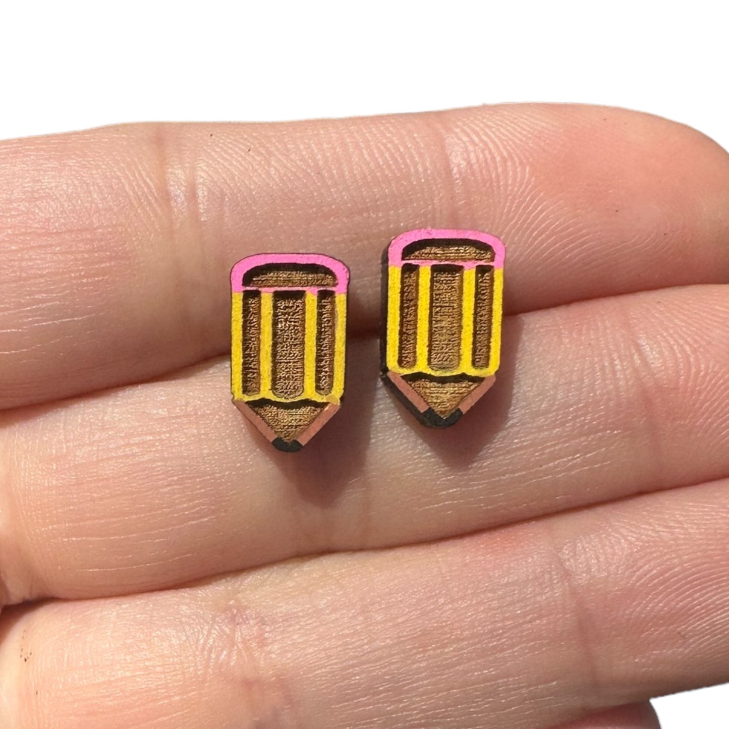 Hypoallergenic Hand Painted Pencil Laser Engraved Wood Stud Earrings