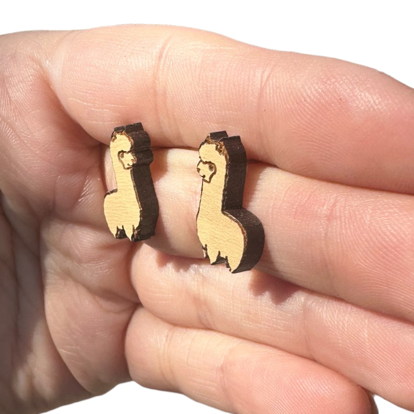 Natural Hypoallergenic Laser Engraved Llama Wood Stud Earrings