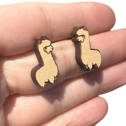 Natural Hypoallergenic Laser Engraved Llama Wood Stud Earrings